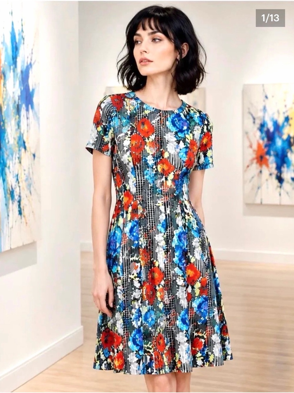 Catherine Malandrino Vondie Print Scuba Fit Flare Dress Pleated Floral 10